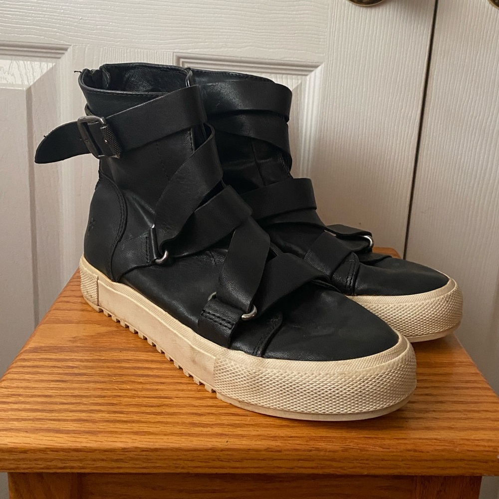 Frye Black Leather High-Top Sneakers with Cream Rubber Sole